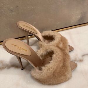 Saint Laurent Beige Fur Heeled Sandals